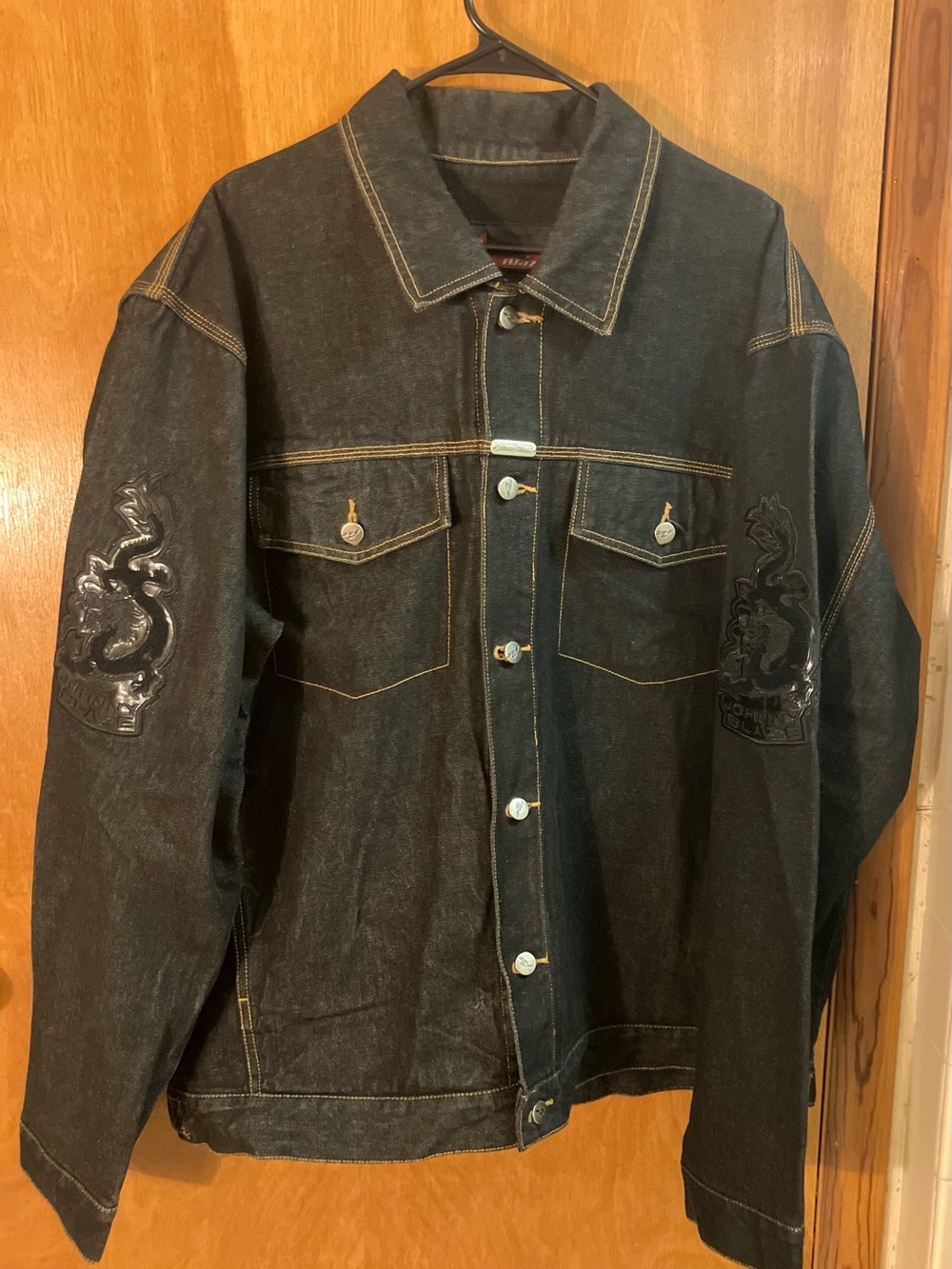 Johnny Blaze Men’s XL Black Denim Trucker Jacket Embroidered Minor Mark Read